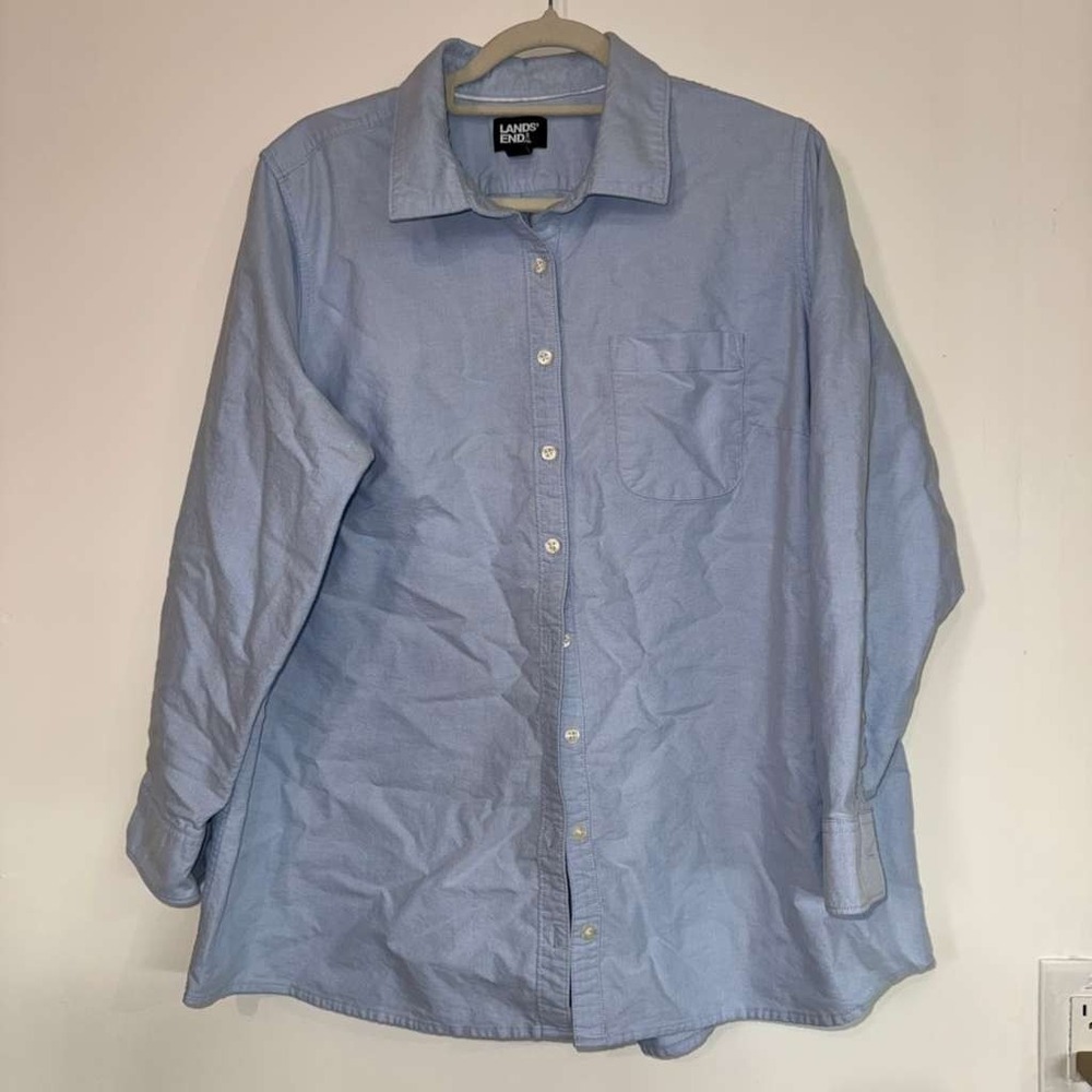 Lands' End Women's Sz 1X(16w-18w) Button Up Shirt Blue Preppy Work Office